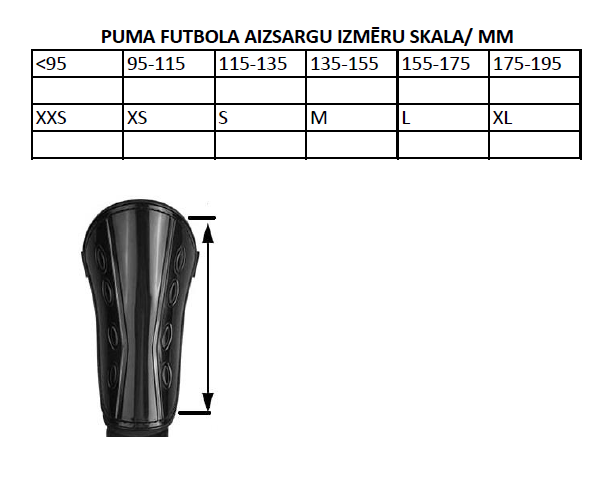 Puma futbola aizsargu izmēru skala