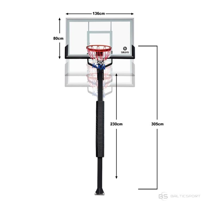 Inground betonējams basketbola statīvs/ konstrukcija ,ar stikla vairogu EXP 136x80cm, 8mm rūdīts stikls