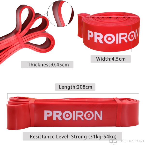 Cilpveida Vingrošanas / Fitnesa gumija / PROIRON Assisted Pull up Band Exercise Band, 208 x 4.5 x 0.45 cm, Resistance Level: Strong (31-54 kg), Red, 100% Natural Latex