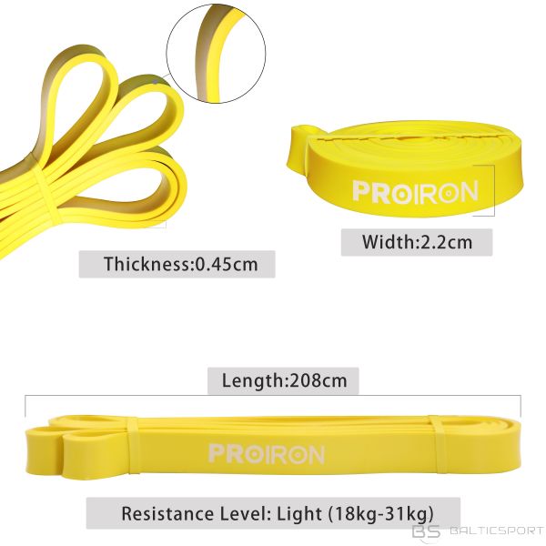 Cilpveida Vingrošanas / Fitnesa gumija / PROIRON Assisted Pull up Band Exercise Band, 208 x 2.2 x 0.45 cm, Resistance Level: Light (18-31 kg), Yellow, 100% Natural Latex