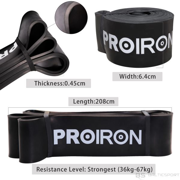 Pretestības gumija vingrošanai, melna / PROIRON Assisted Pull up Band Exercise Band, 208 x 6.4 x 0.45 cm, Resistance Level: Strongest (36-67 kg), Black, 100% Natural Latex