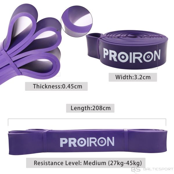 Pretestības gumija vingrošanai / PROIRON Assisted Pull up Band Exercise Band, 208 x 3.2 x 0.45 cm, Resistance Level: Medium (13 kg), Purple, 100% Natural Latex