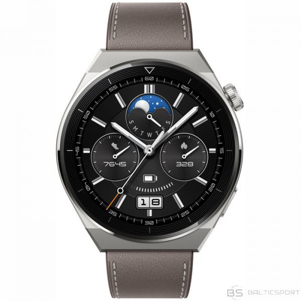 Huawei WATCH GT 3 Pro Smart watch, GPS (satellite), AMOLED, Touchscreen, Heart rate monitor, Activity monitoring 24/7, Waterproof, Bluetooth, Titanium Case with Gray Leather Strap