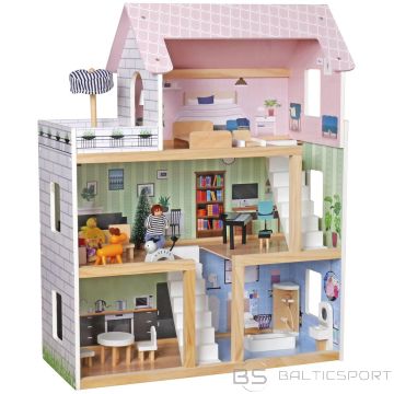 Enero Toys WOODEN DOLLHOUSE LED 62x27x77CM + 3 DOLLS + 2 ANIMALS